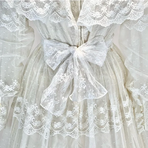 VINTAGE 70s wedding dress prairie bridal‎ gown flouncy ruffle lace long sleeve - Picture 8 of 16